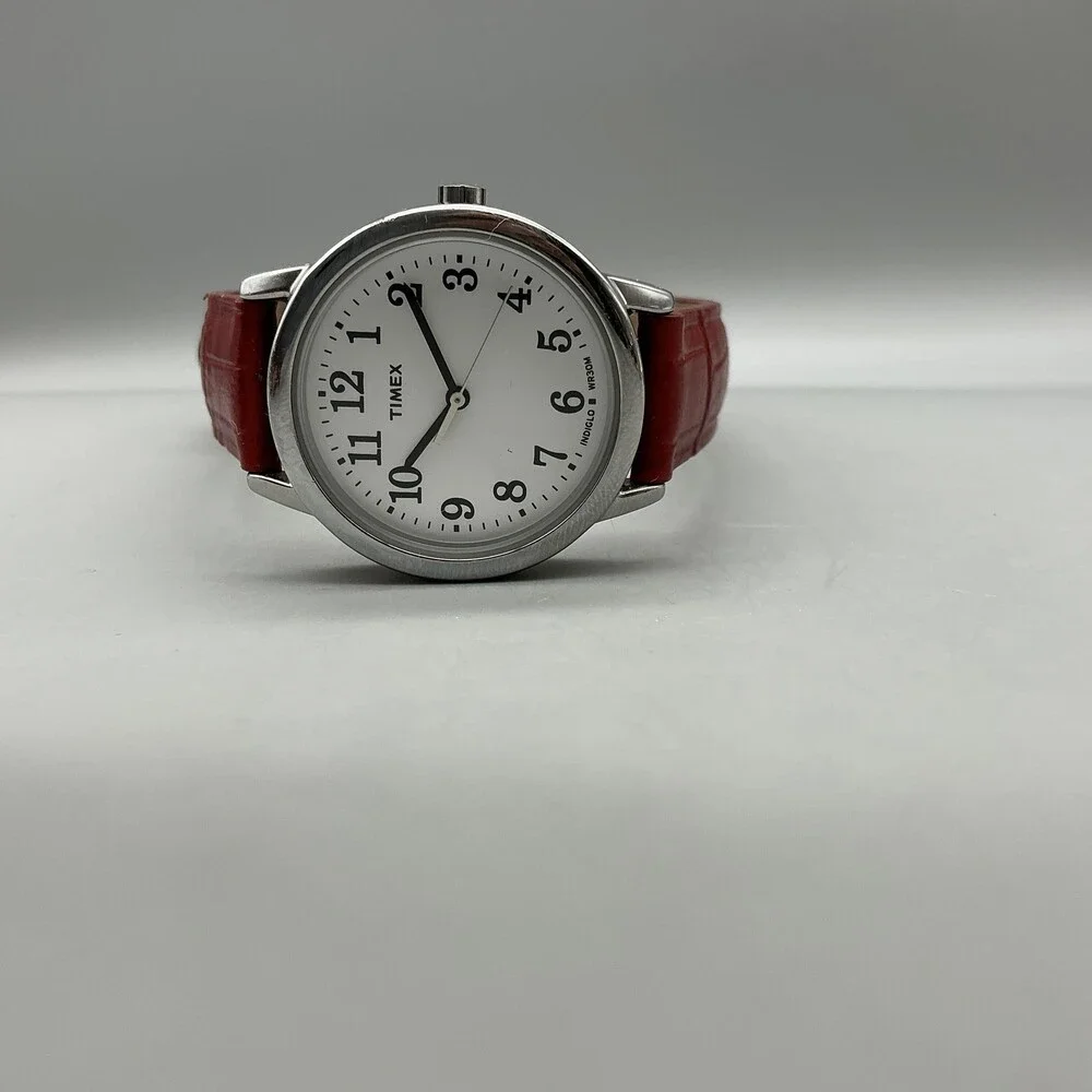 Timex Indiglo WR30M Womens Watch 30mm White Dial Red Leather New Battery